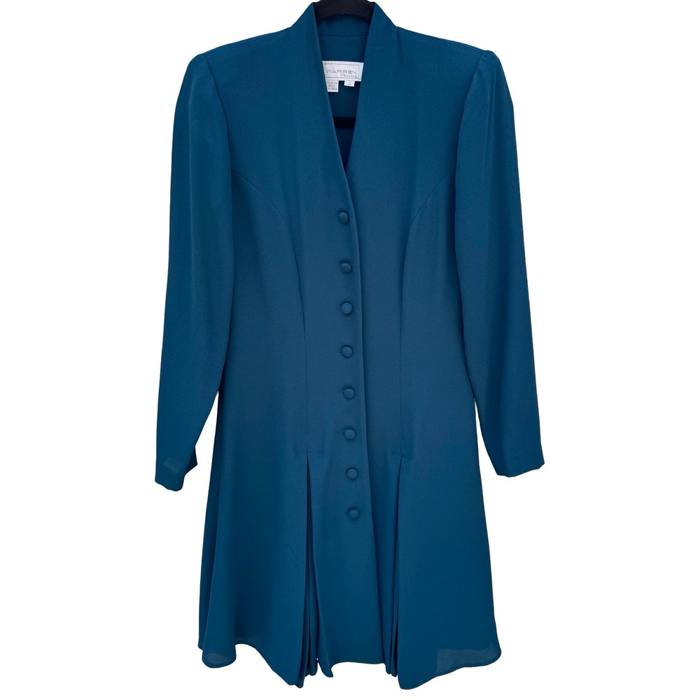 Warren Petites Vintage Teal Blue Button Front Pleated Long Sleeve Dress Size 2